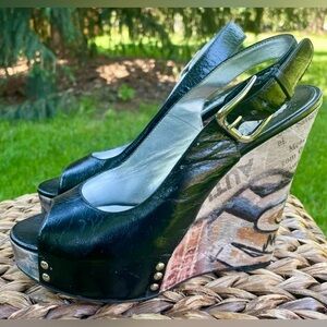 Gorgeous Zinc Cassidy Black Leather Slingback Graphic Art 5” Platform Wedge 7.5M